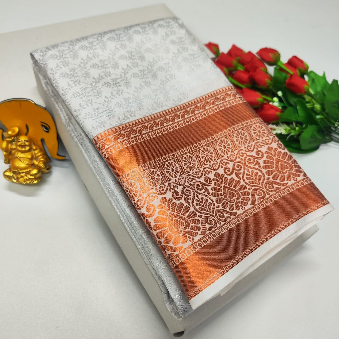 Bridal Brocade White and Copper Border Saree – Kanchipuram Style with Rich Zari Pallu & Contrast Blouse