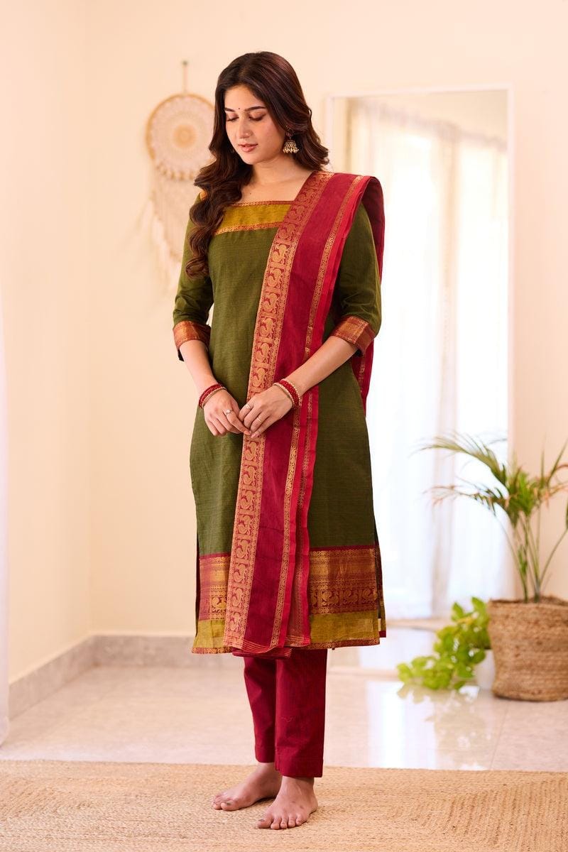 THE LAXMI: Mehendi Green Cotton Salwar Suit โ Fully Stitched with Cotton Lining & Dupatta Set