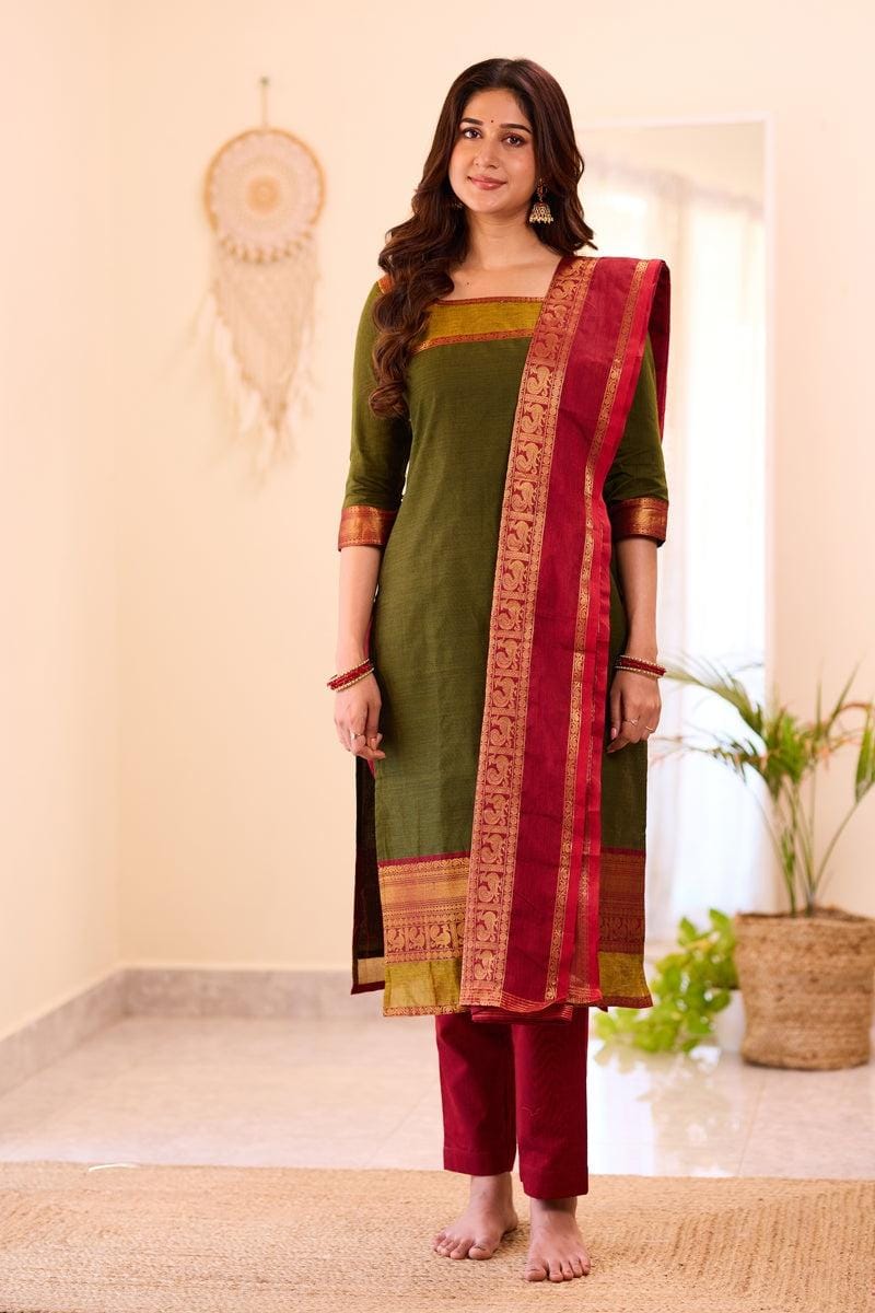 THE LAXMI: Mehendi Green Cotton Salwar Suit โ Fully Stitched with Cotton Lining & Dupatta Set