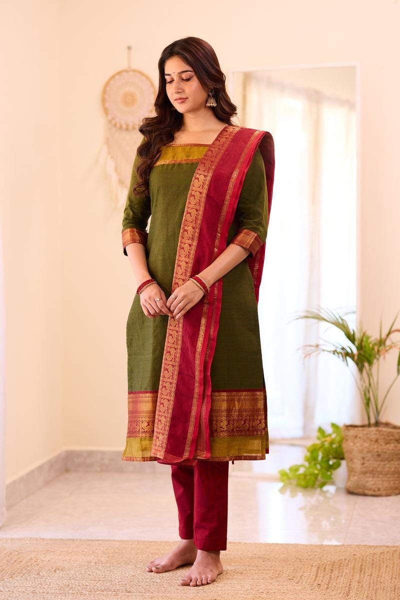 THE LAXMI: Mehendi Green Cotton Salwar Suit โ Fully Stitched with Cotton Lining & Dupatta Set