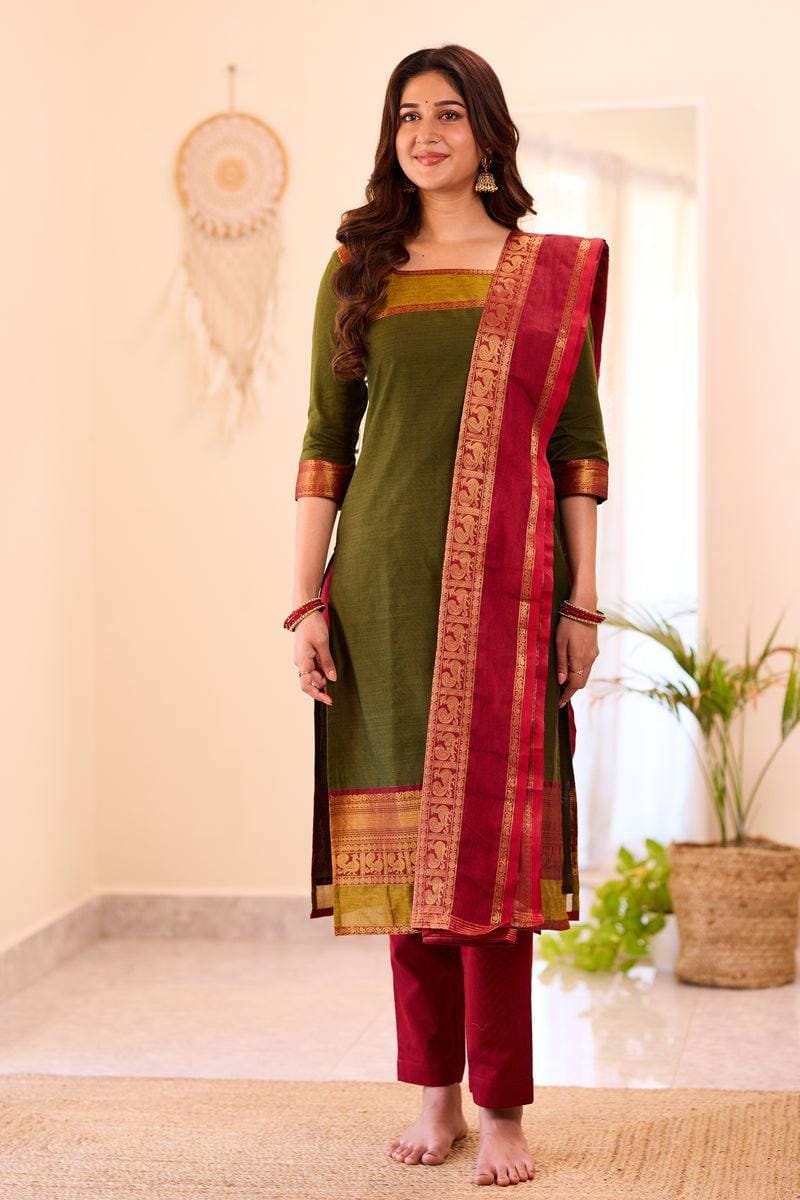 THE LAXMI: Mehendi Green Cotton Salwar Suit โ Fully Stitched with Cotton Lining & Dupatta Set