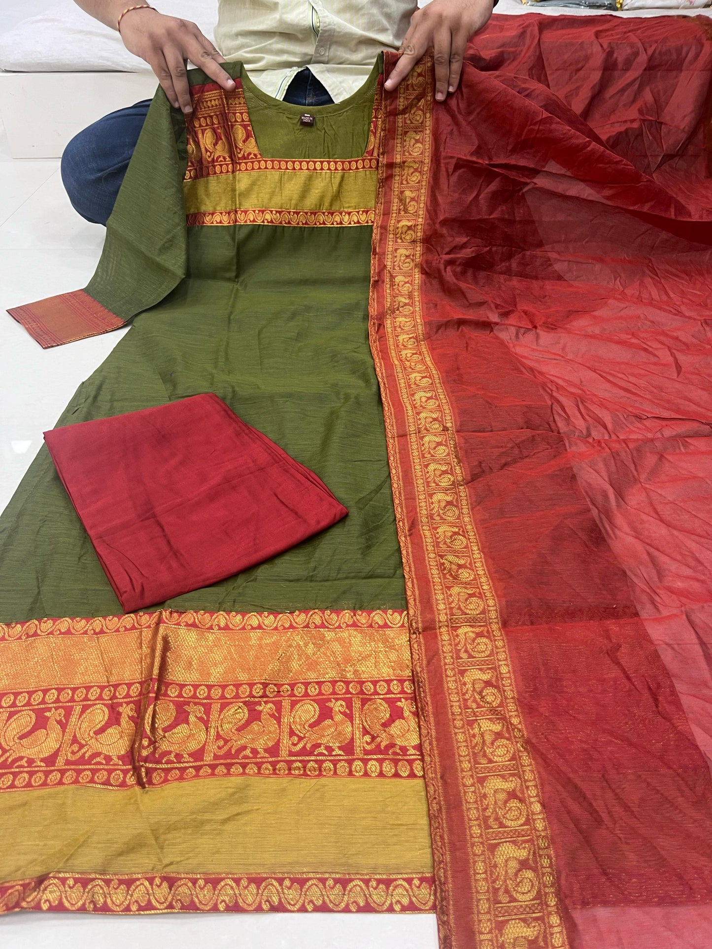 THE LAXMI: Mehendi Green Cotton Salwar Suit โ Fully Stitched with Cotton Lining & Dupatta Set
