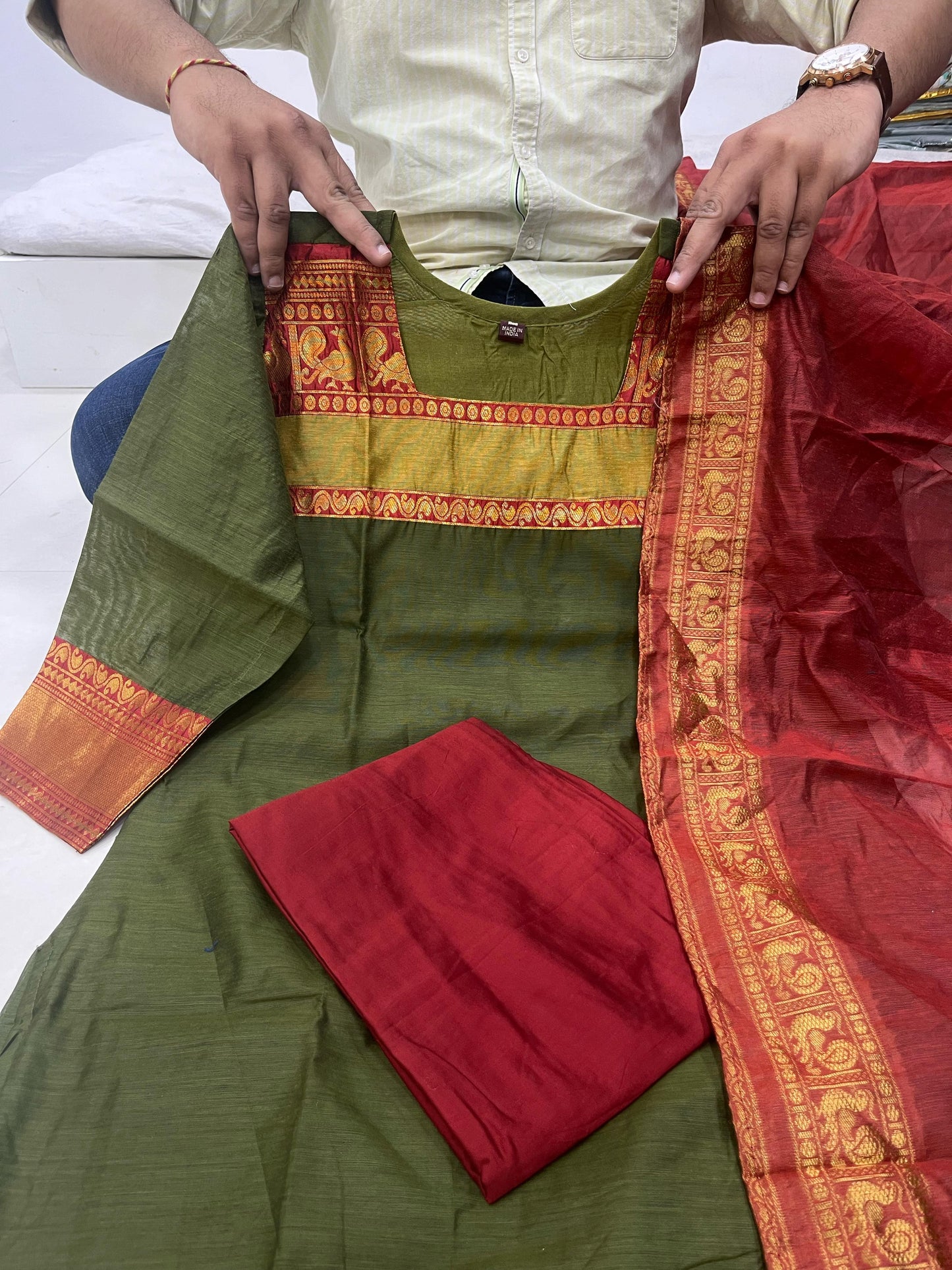 THE LAXMI: Mehendi Green Cotton Salwar Suit โ Fully Stitched with Cotton Lining & Dupatta Set