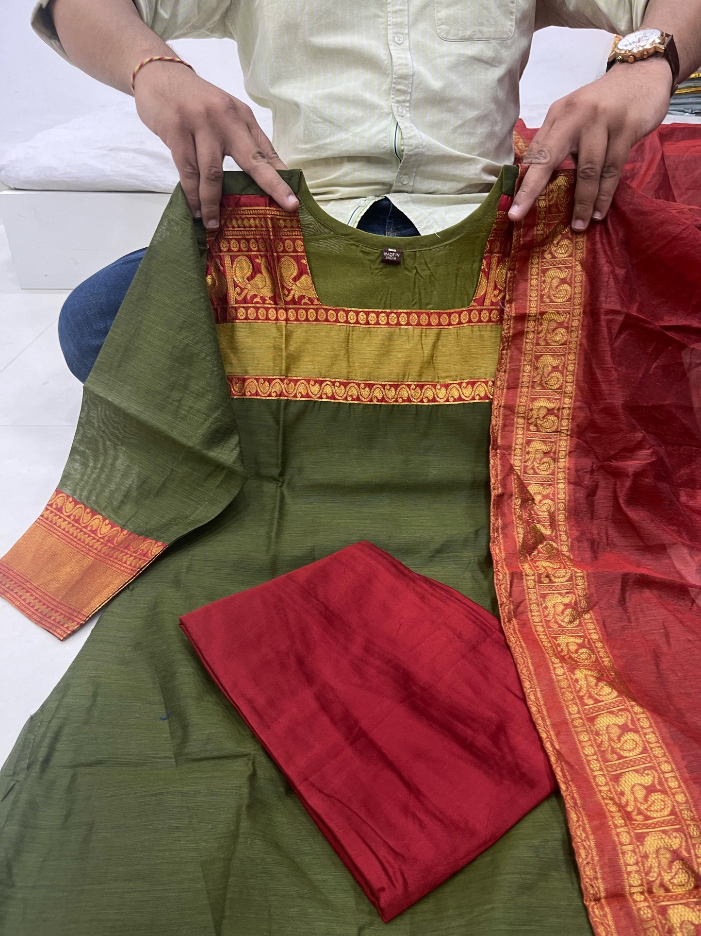 THE LAXMI: Mehendi Green Cotton Salwar Suit โ Fully Stitched with Cotton Lining & Dupatta Set