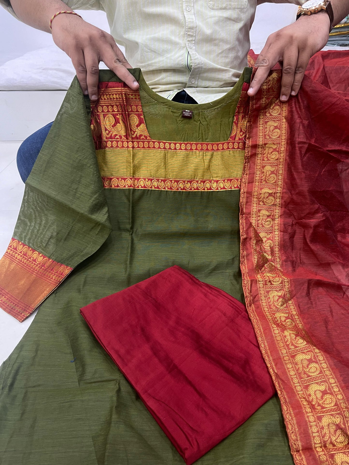 THE LAXMI: Mehendi Green Cotton Salwar Suit โ Fully Stitched with Cotton Lining & Dupatta Set
