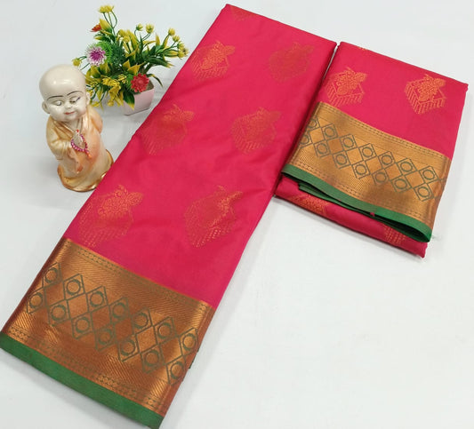 Shining Fusion Semi Soft Silk Saree – [Orange] with Contrast Border & Pallu