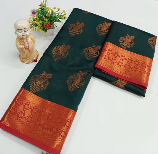 Shining Fusion Semi Soft Silk Saree – [Green] with Contrast Border & Pallu