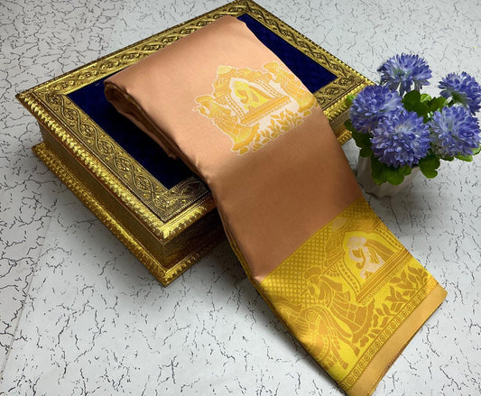 Pallaku Bridal Silk Saree – [Light Peach] with Contrast Pallu & Buttas Blouse