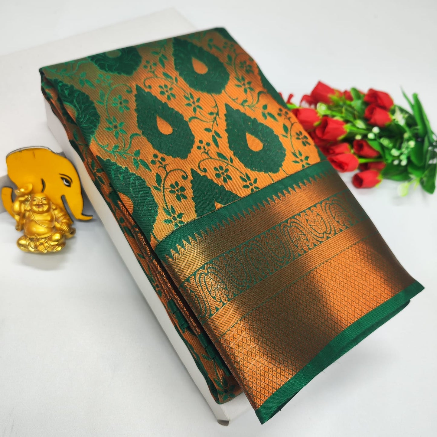 Bridal Brocade Green Saree – Kanchipuram Style with Rich Zari Pallu & Contrast Blouse