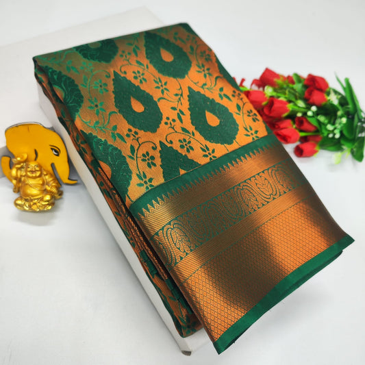 Bridal Brocade Green Saree – Kanchipuram Style with Rich Zari Pallu & Contrast Blouse