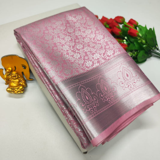 Bridal Brocade Pink Saree – Kanchipuram Style with Rich Zari Pallu & Contrast Blouse