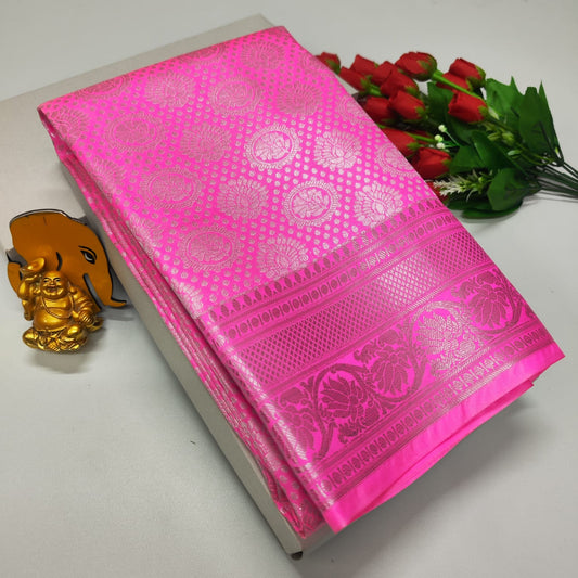 Bridal Brocade Dark Rose Saree – Kanchipuram Style with Rich Zari Pallu & Contrast Blouse