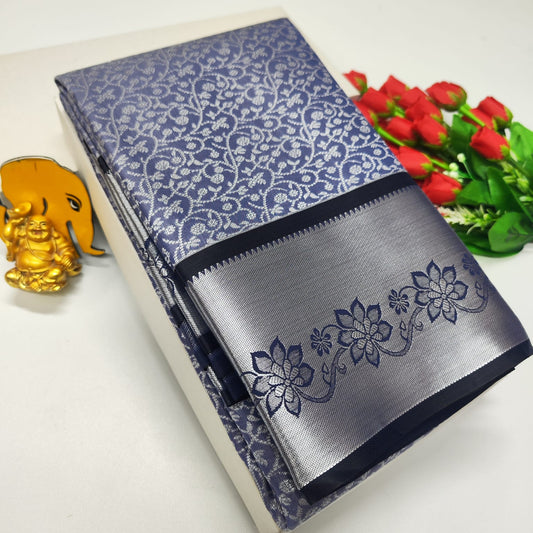 Bridal Brocade Navy Saree – Kanchipuram Style with Rich Zari Pallu & Contrast Blouse