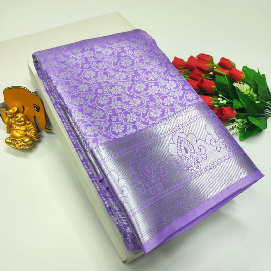 Bridal Brocade Lavender Saree – Kanchipuram Style with Rich Zari Pallu & Contrast Blouse