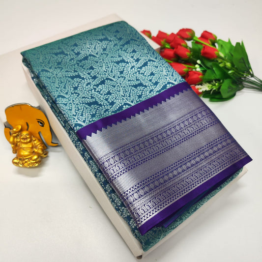 Bridal Brocade Turquoise Saree – Kanchipuram Style with Rich Zari Pallu & Contrast Blouse