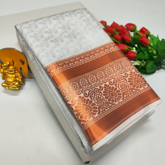 Bridal Brocade White and Copper Border Saree – Kanchipuram Style with Rich Zari Pallu & Contrast Blouse