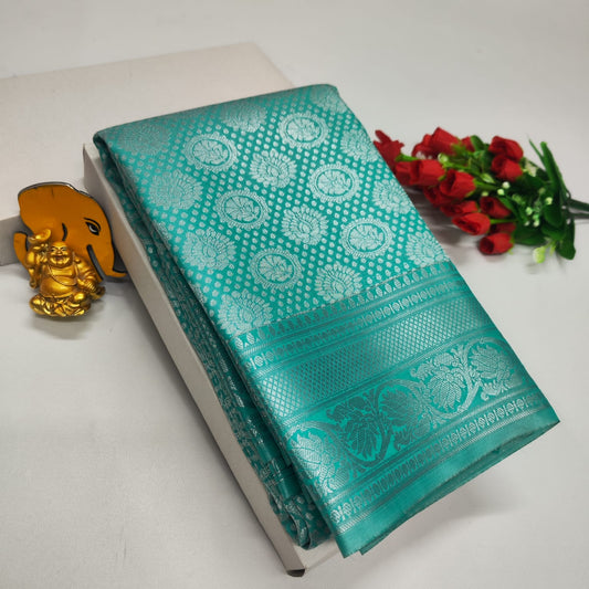 Exclusive Bridal Brocade Dark Turquoise Saree – Kanchipuram Style with Rich Zari Pallu & Contrast Blouse