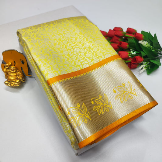 Bridal Brocade Yellow Saree – Kanchipuram Style with Rich Zari Pallu & Contrast Blouse