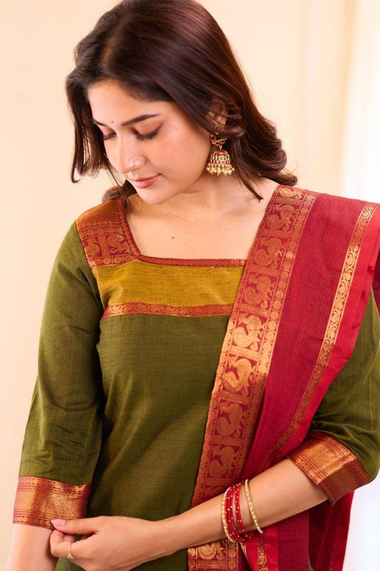 THE LAXMI: Mehendi Green Cotton Salwar Suit – Fully Stitched with Cotton Lining & Dupatta Set