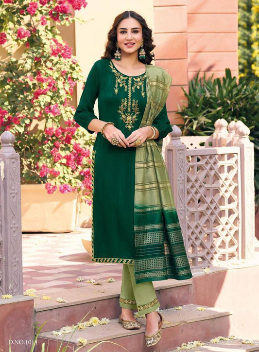 Elegant Jacquard Suit Set – [BOTTLE GREEN] Embroidered with Handwork & Dyed Dupatta
