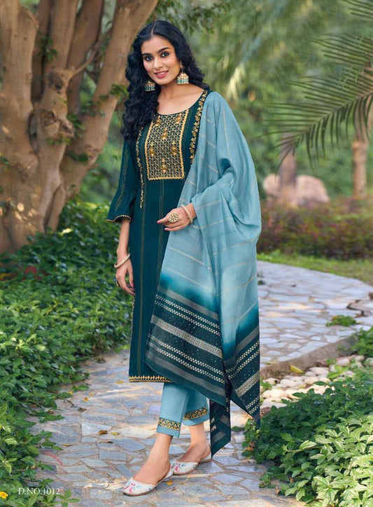 Elegant Jacquard Suit Set – [Teal Blue] Embroidered with Handwork & Dyed Dupatta