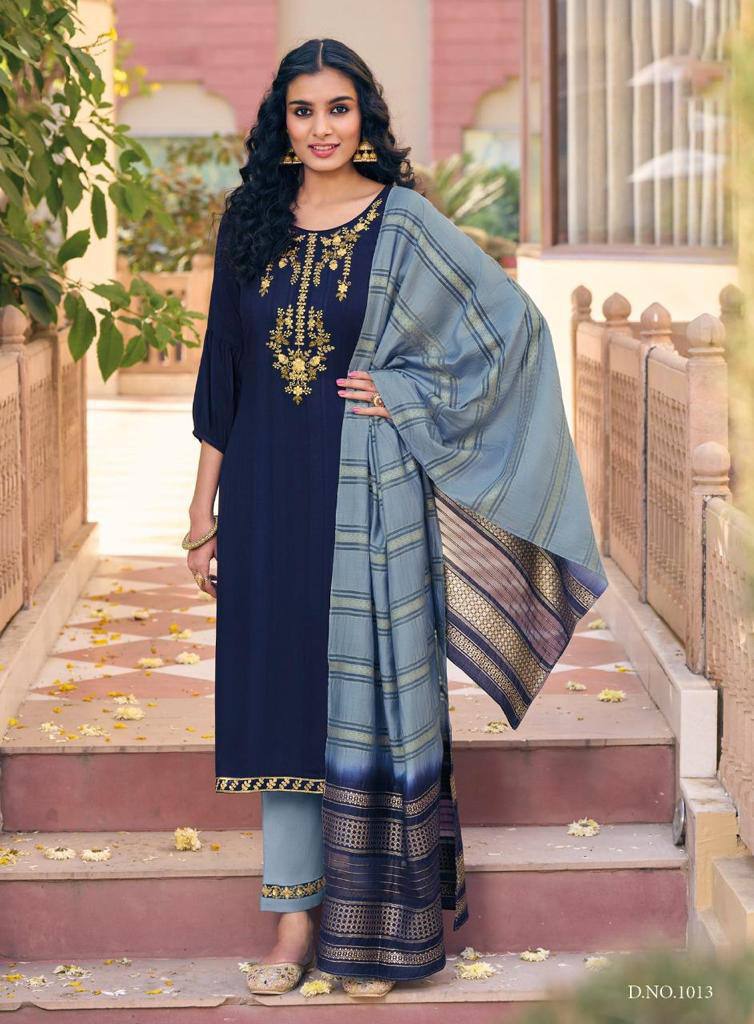Elegant Jacquard Suit Set – [Navy Blue] Embroidered with Handwork & Dyed Dupatta