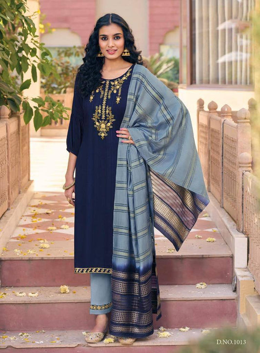 Elegant Jacquard Suit Set – [Navy Blue] Embroidered with Handwork & Dyed Dupatta