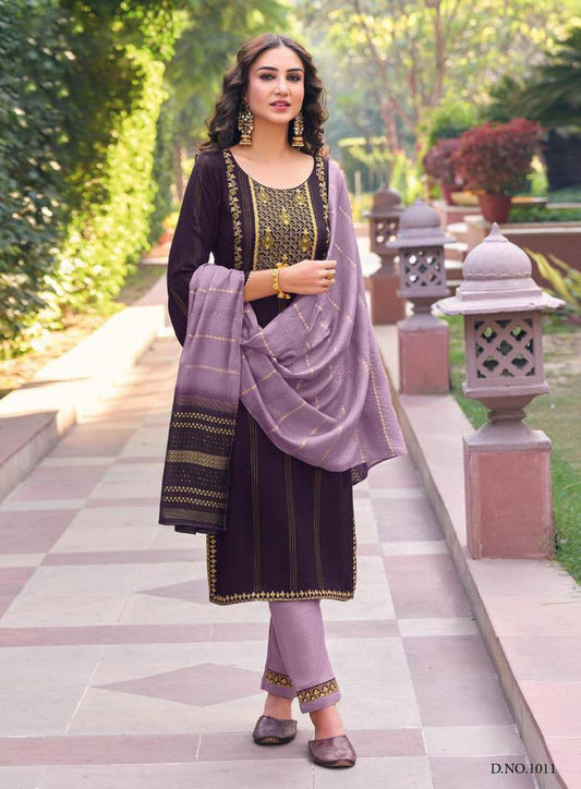 Elegant Jacquard Suit Set – [Dusty Purple] Embroidered with Handwork & Dyed Dupatta