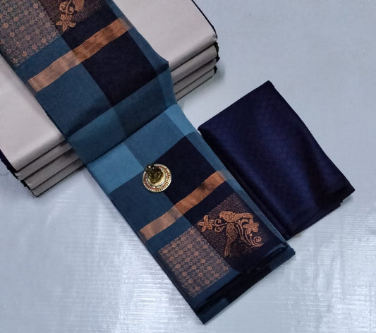 Sungudi-Style Madurai Velthari Cotton Saree – Teal Blue Checkered Pattern