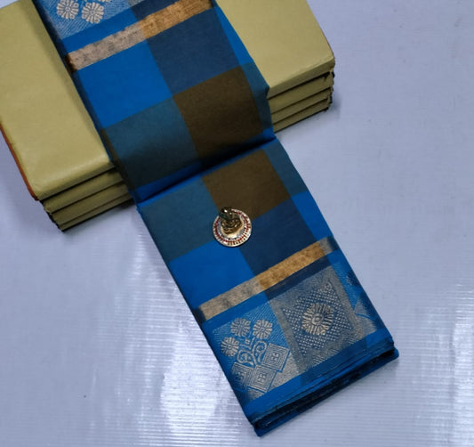 Sungudi-Style Madurai Velthari Cotton Saree – Royal Blue Checkered Pattern