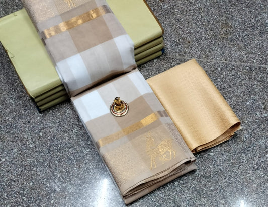 Sungudi-Style Madurai Velthari Cotton Saree – White/Gold Checkered Pattern