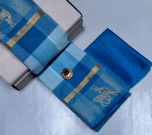 Sungudi-Style Madurai Velthari Cotton Saree – Sky Blue Checkered Pattern