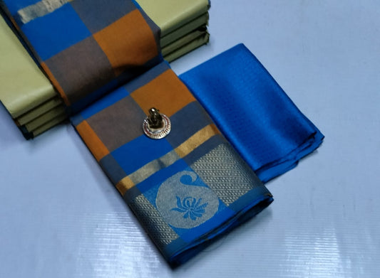 Sungudi-Style Madurai Velthari Cotton Saree – Ocean Blue with Dark Orange Checkered Pattern