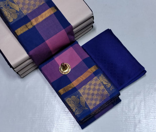 Sungudi-Style Madurai Velthari Cotton Saree – Royal Blue with Pink Checkered Pattern