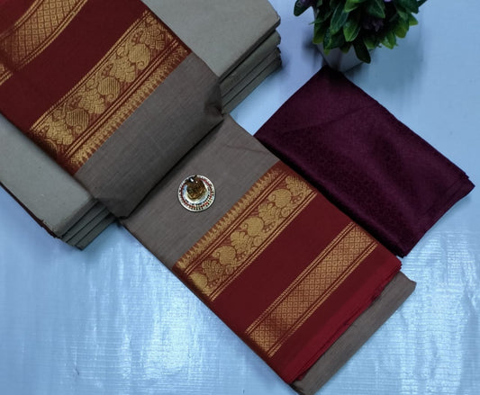 Sungudi-Style Madurai Velthari Cotton Saree – Taupe/Stone Grey with Brick Red Border Gold Zari
